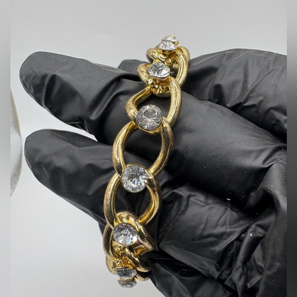 Vintage Chunky Gold-Tone Chain Link Bracelet w/ Clear Rhinestones – - Picture 1 of 4